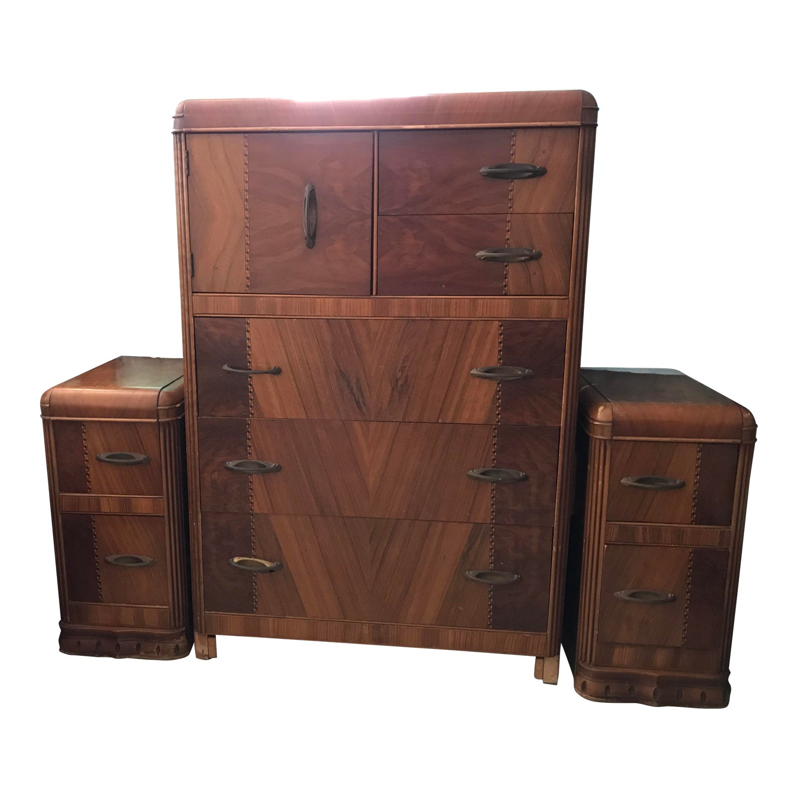 Art Deco Waterfall Highboy Dresser With Night Stands 3 Pieces Chairish