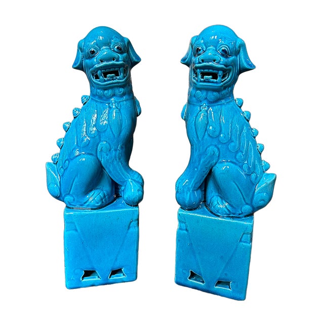 2020s Contemporary Large Glazed Turquoise Foo Dog Figurines = a Pair For Sale - Image 5 of 8