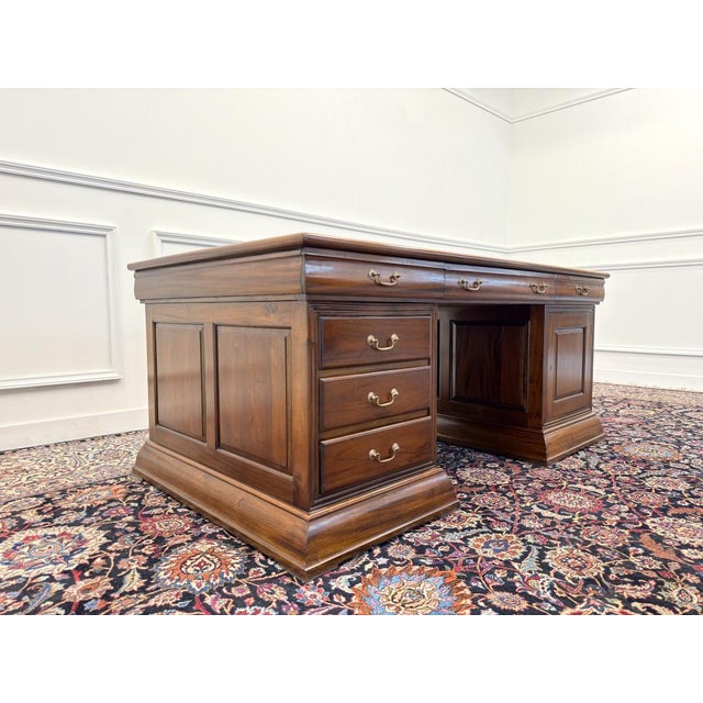 Brown Large English Partner Desk in Teak For Sale - Image 8 of 18