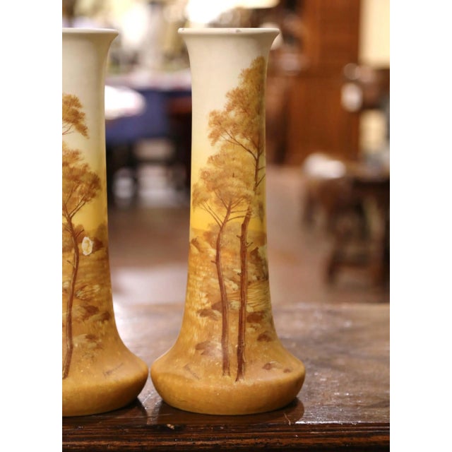 Victorian Pair of 19th Century French Painted Enameled Vases Signed Delphin Massier For Sale - Image 3 of 13