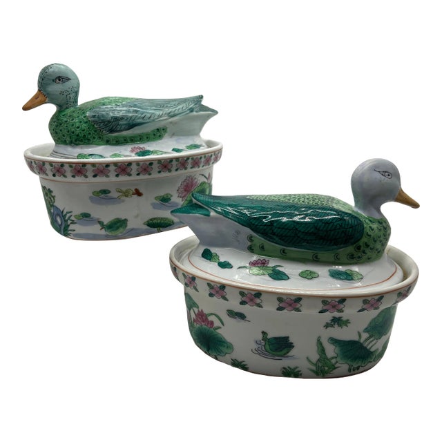 Vintage Chinese Oval Ceramic Duck Tureens- Set of 2 For Sale