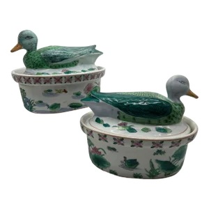 Vintage Chinese Oval Ceramic Duck Tureens- Set of 2