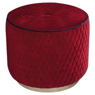 Red Quilted Velvet Kidman Pouf with Blue Piping from VGnewtrend For Sale