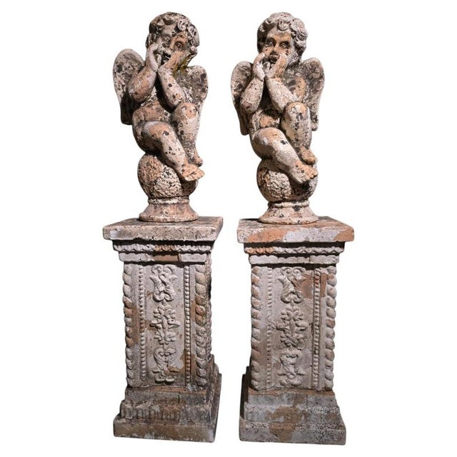19th Century Italian Terracotta Cherub Sculptures on Pedestals, 1890, Set of 2 For Sale - Image 11 of 11