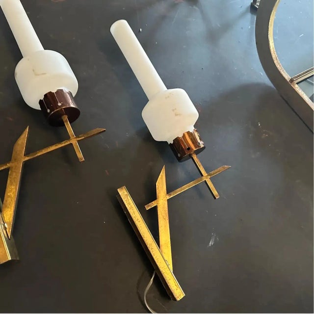 Two 1950s Stilnovo Style Mid-Century Modern Brass and Glass Italian Wall Sconces For Sale - Image 4 of 11