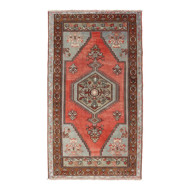 Vintage Turkish Oushak Rug With Coral, Ice Blue, and Soft Mocha Tones 4'1"x7'7" For Sale