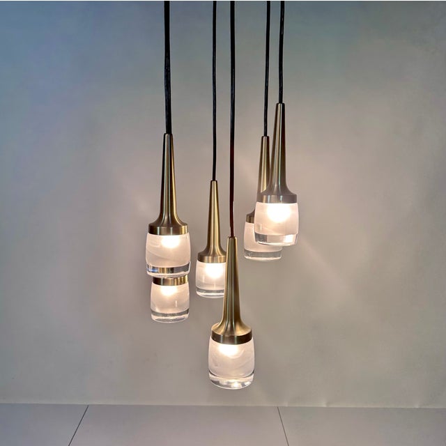 Gold Large Cascade Hanging Lamp with Six Glass and Brass Lights from Staff Leuchten, 1960s For Sale - Image 8 of 18