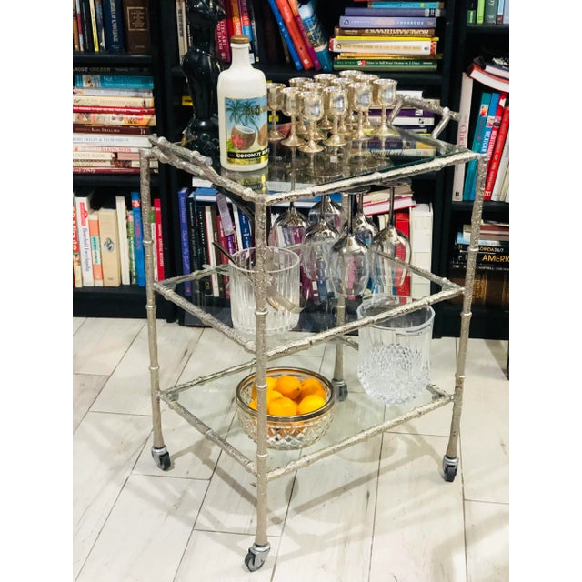 Faux Bamboo Silver Bar Cart in the Style of Maison Bagués For Sale In Miami - Image 6 of 9