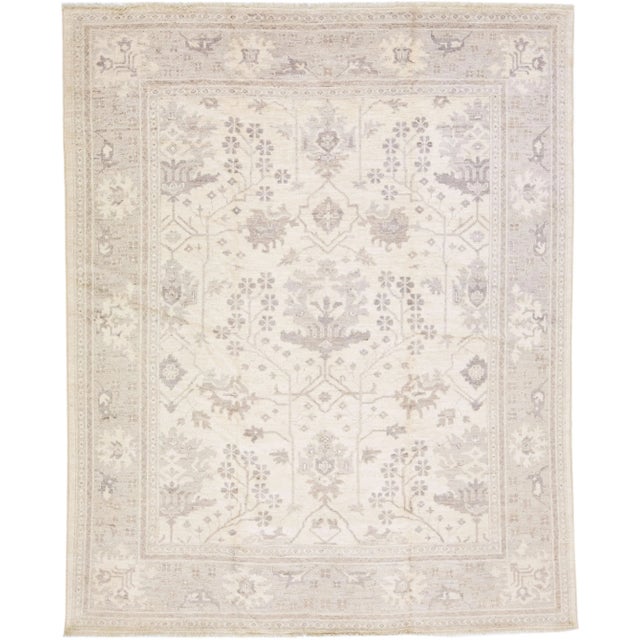 Textile Modern Turkish Oushak Beige & Gray Handmade Floral Wool Rug For Sale - Image 7 of 7