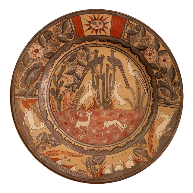 Vintage Mexican Hand Painted Terracotta Wall Plate by Amado Galvan, 1970s For Sale