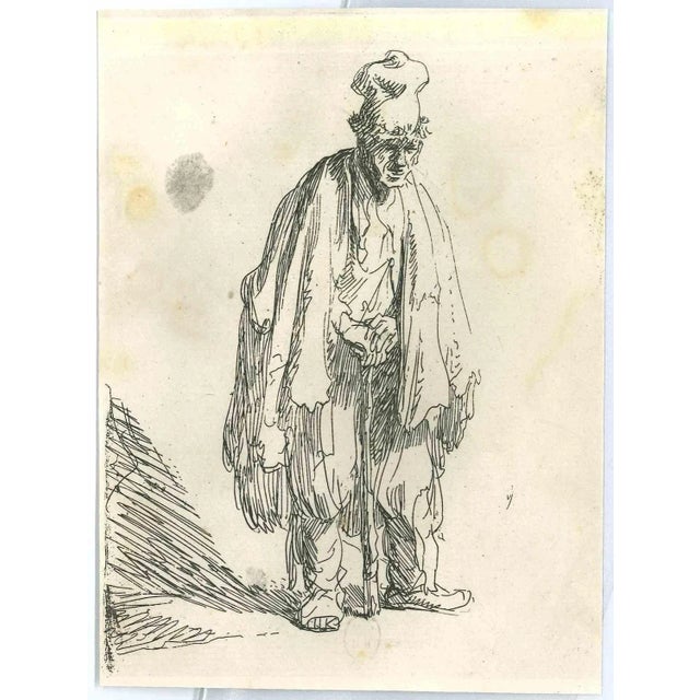Beggar in a High Cap, Standing and Leaning on a Stick is an engraving on ivory-colored paper realized bu Charles Amand...