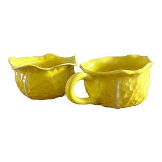 Vintage Ceramic Yellow Cabbage Leaf Creamer & Sugar Bowl Set - a Pair For Sale