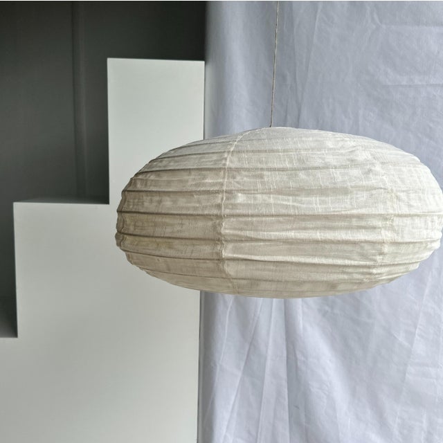 Large Oval Flattened Pendant Light in Rattan and Natural Linen, 1980s For Sale - Image 6 of 9