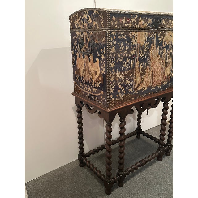 Jacobean Style Tapestry Covered Desk on Barley Twist Base For Sale - Image 4 of 12