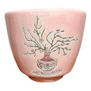 Vintage Pink Ceramic Hanging Wall Planter With Oriental Floral Motif For Sale