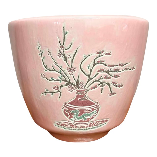 Vintage Pink Ceramic Hanging Wall Planter With Oriental Floral Motif For Sale
