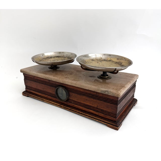 American Late 19th C Apothecary Balance Scale Oak and Marble For Sale - Image 3 of 12