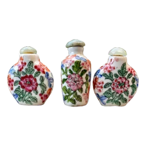 Antique Set of 3 Hand Painted Chinese Floral Chinoiserie Porcelain Snuff Bottles