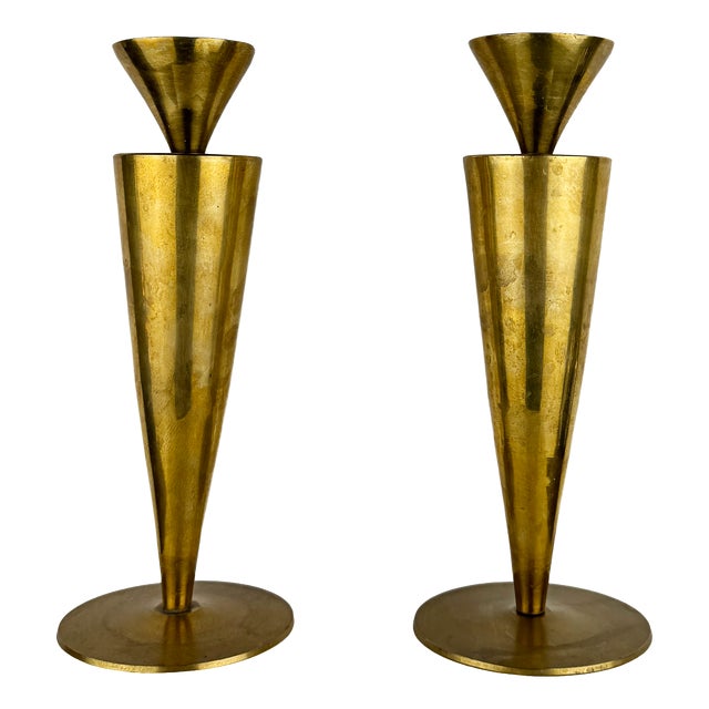 Mid-Century Modern Italian Brass Candlesticks, 1950s, Set of 2 For Sale