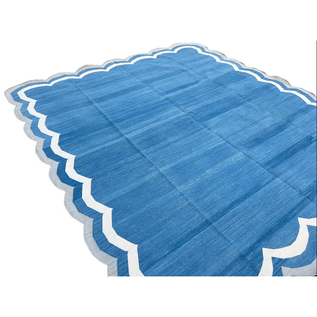 Textile Not Yet Made - Made to Order Handmade Cotton Reversible 4 Sided Scalloped Edge Rug Blue With Cream and Grey Border - 12'x15' For Sale - Image 7 of 11