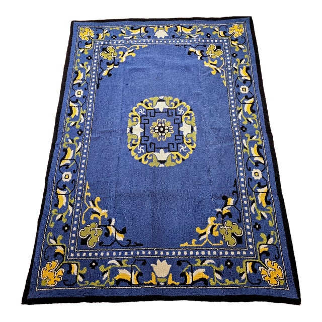 Vintage American Hand Hooked Rug, Wool & Cotton, Floral Pattern, Folk Art, 4x7 For Sale