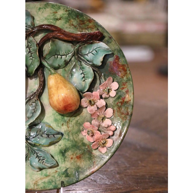 19th Century French Barbotine Faience Pear Wall Plate Longchamp For Sale - Image 4 of 12
