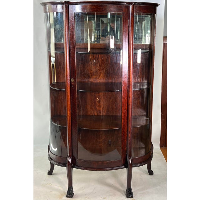 Antique American Tiger Oak Bow Front China, Display, Curio