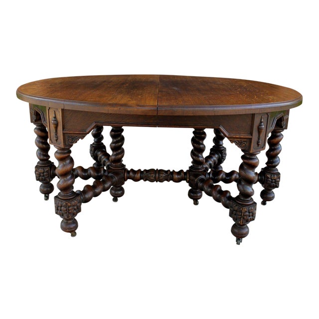Antique English Oak Jacobean Style Oval Barley Twist Dining Table