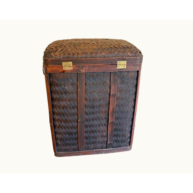 Antique Japanese Bamboo Woven Storage Trunk With Brass Hardware — Circa 1900s–1920s For Sale - Image 4 of 6