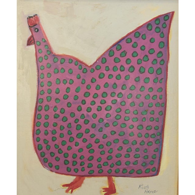 Folk art chicken hen rooster portrait oil painting on stretched artist's canvas. Signed by the talented artist Ruth Arenz,...