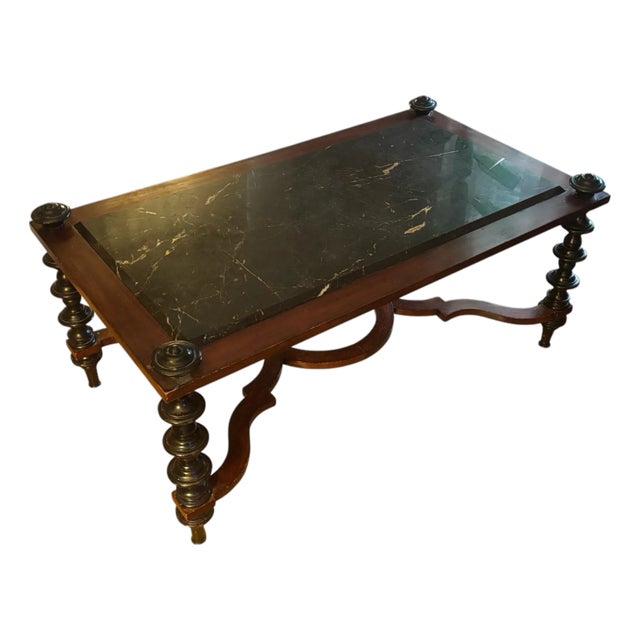 Vintage Baroque Style Black Marble and Turned Leg Cocktail Table For Sale