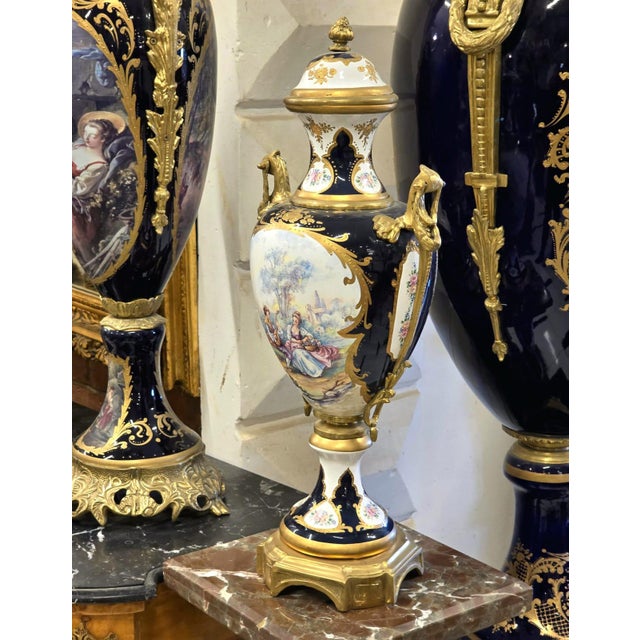 2010s French Sevres Porcelain Vase & Pedestal Set With Hand-Painted Romantic Scenes, Bronze Mounts & Marble Bases For Sale - Image 5 of 6