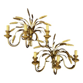 Italian Wheat Sheaf Wall Sconces in Gilt Metal, 1950s, Set of 2 For Sale