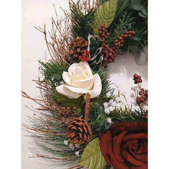 Red Elegant Victorian Roses Winter Door Wreath Holiday Decor Christmas Arrangement‎ For Sale - Image 8 of 12
