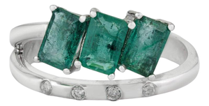925 Silver Three-Stone Emerald Ring With Diamond Accents, Size 6