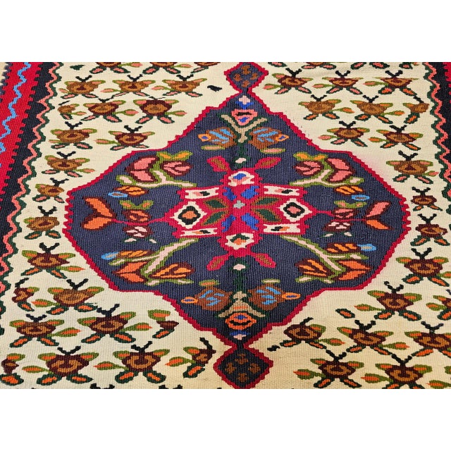 Vintage Persian Senneh Kilim Area Rug, Handwoven Wool, Floral Pattern, Ivory & Red, 3x5 For Sale - Image 12 of 15