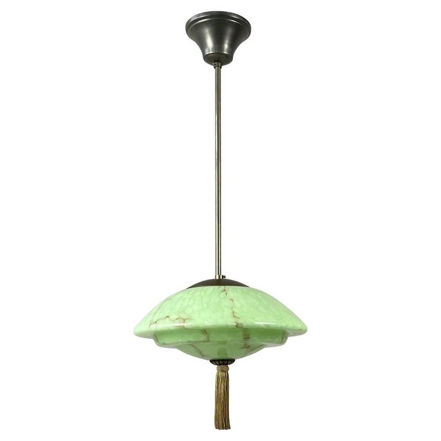 Green Marbled Opaline and Burnished Brass Pendant with Tassel, Germany, 1930s For Sale - Image 17 of 17