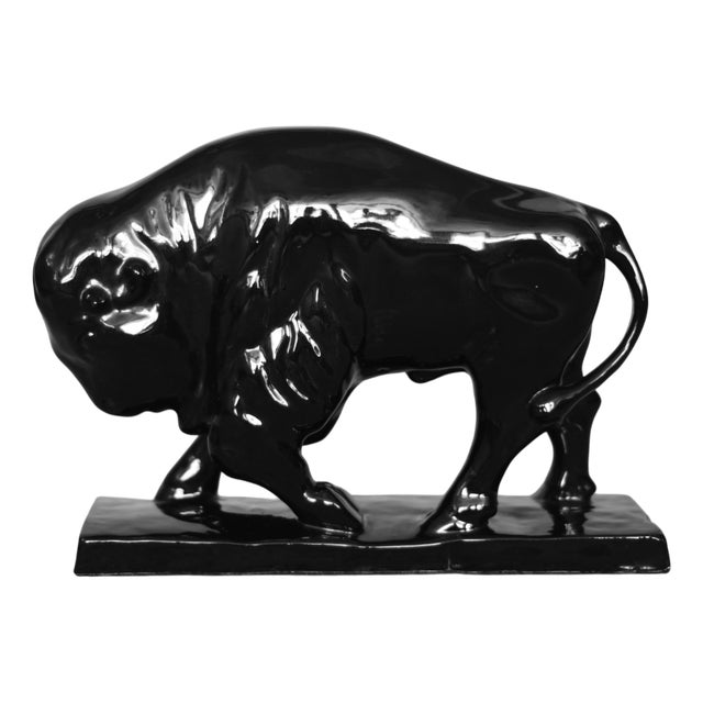 Large Mid-Century Scandinavian Modern Black Porcelain Bison Figurine, 1960s For Sale
