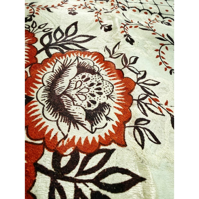 Ivory Vintage Hand Printed Indian Cotton Banquet Tablecloth With Jacquard Floral Damask & Fringe For Sale - Image 8 of 10