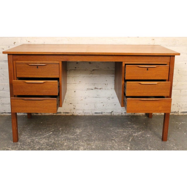 Brown Vintage Mid-Century Modern Six Drawer Teak Writers Desk For Sale - Image 8 of 18
