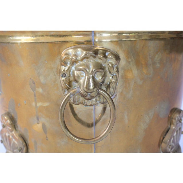 Vintage Oval Brass Cachepot W/ Lion Head Handles, Paw Feet and Etched Asian Motif For Sale - Image 10 of 18