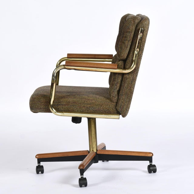 Wood Set of 3 Stoneville Brown Gold and Oak Swivel Armchairs on Casters For Sale - Image 7 of 17