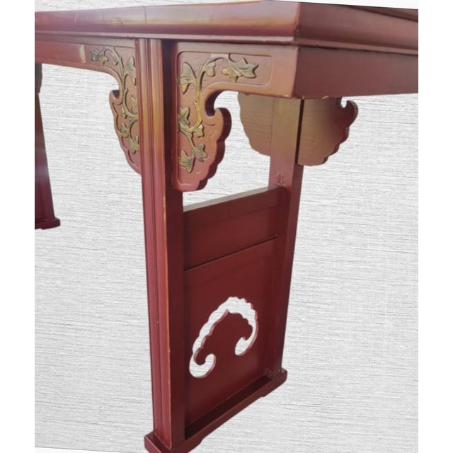 Maitland - Smith Vintage Chinoiserie Regency Style Red Lacquer Altar Console Table With Gold Leaf Cutput Accents For Sale - Image 4 of 11