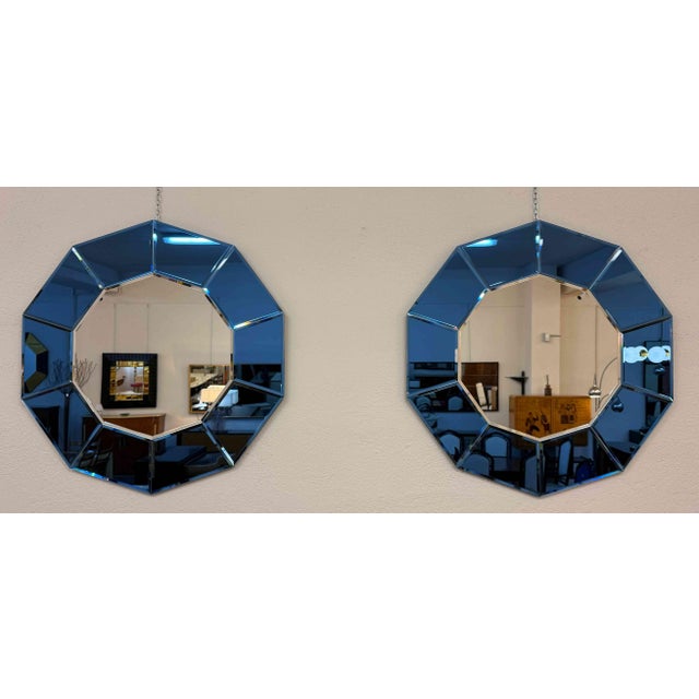 Italian Blue Mirrored Glass Decagonal Mirrors, 2000s, Set of 2 For Sale - Image 4 of 11