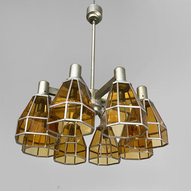 German Art Deco Chandelier in Yellow Glass and Metal, 1930s For Sale - Image 3 of 18