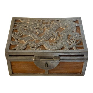 Vintage Chinese Dragon Relief Wood & White Metal Decorative Trinket Box For Sale