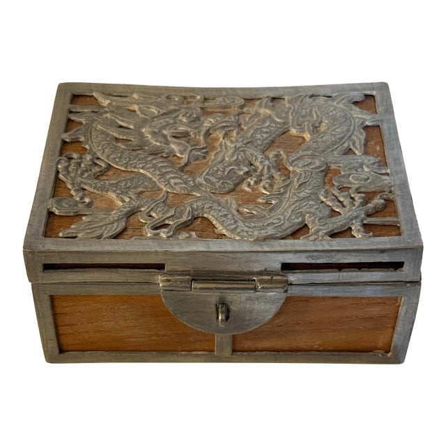 Vintage Chinese Dragon Relief Wood & White Metal Decorative Trinket Box For Sale