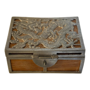 Vintage Chinese Dragon Relief Wood & White Metal Decorative Trinket Box