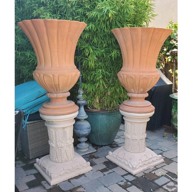 Pair of Large Terracotta Italian Urns "Ref Impruneta " on Carved Jodhpur Sandstone Pedestals For Sale - Image 9 of 13