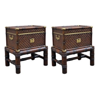 1992 Ralph Lauren Kanema Faux Dark Bamboo Campaign Night Tables - A Pair For Sale